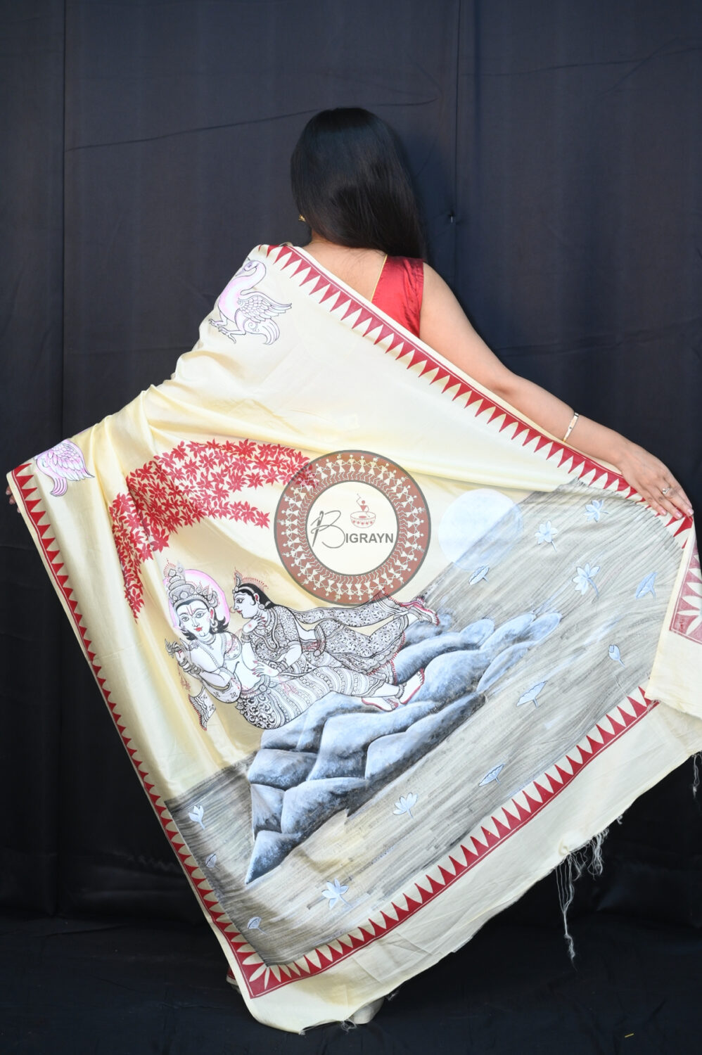 Cream Radha Krishna & Swans Pattachitra Silk Saree