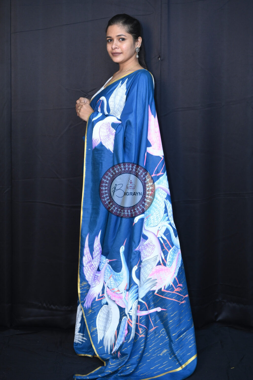 Teal Blue Flamingo Birds Pattachitra Silk Saree