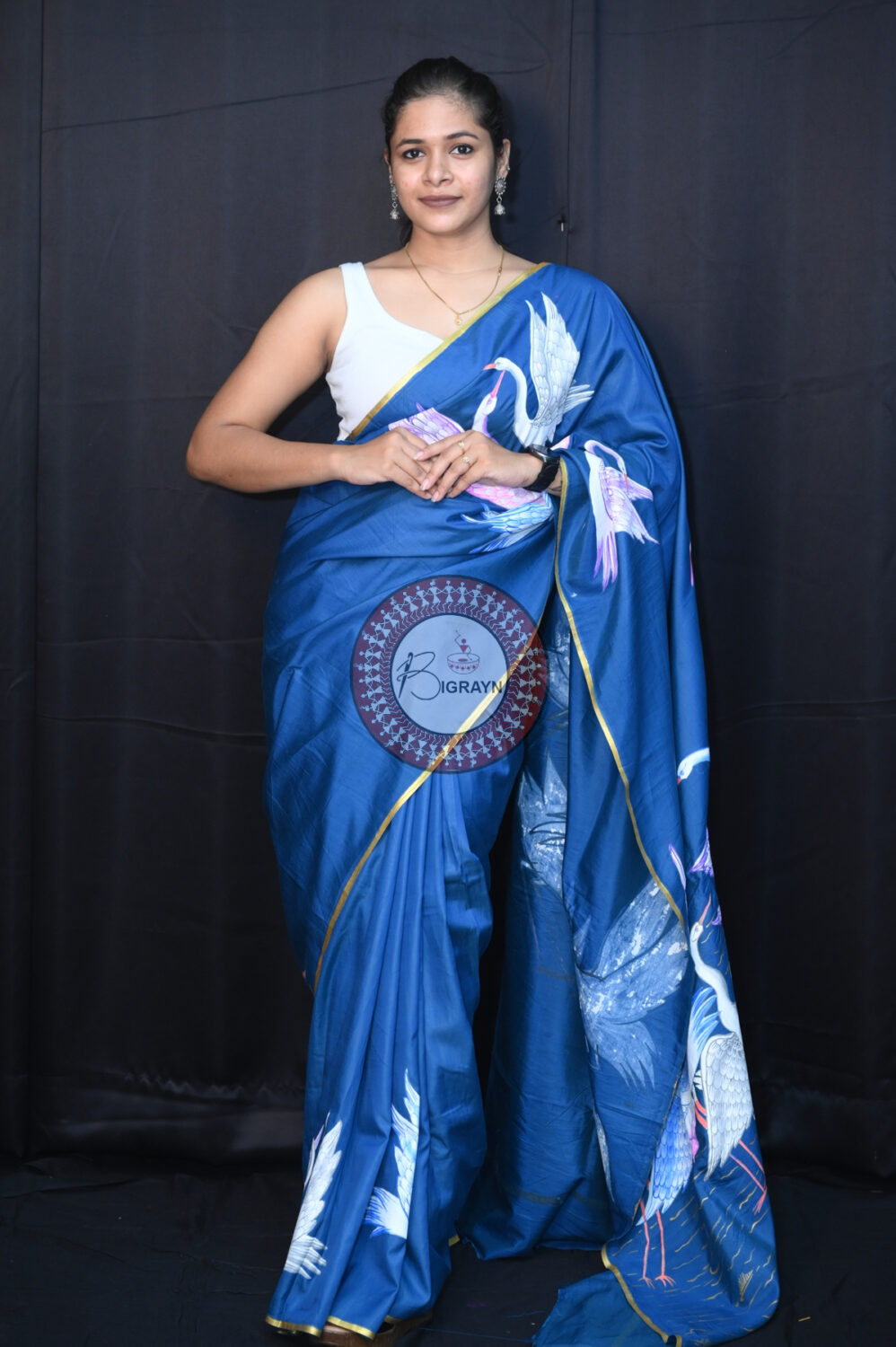 Teal Blue Flamingo Birds Pattachitra Silk Saree