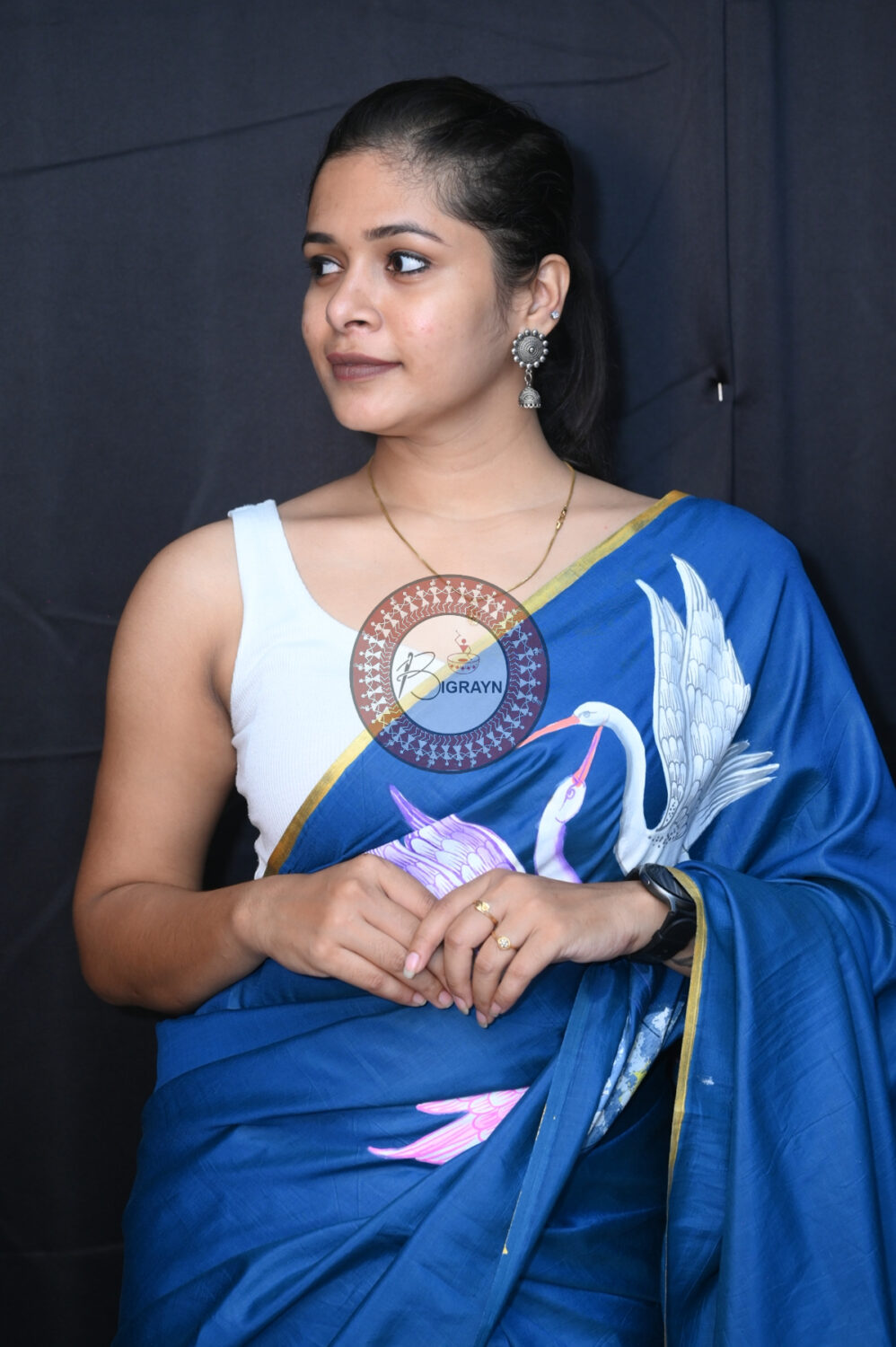 Teal Blue Flamingo Birds Pattachitra Silk Saree
