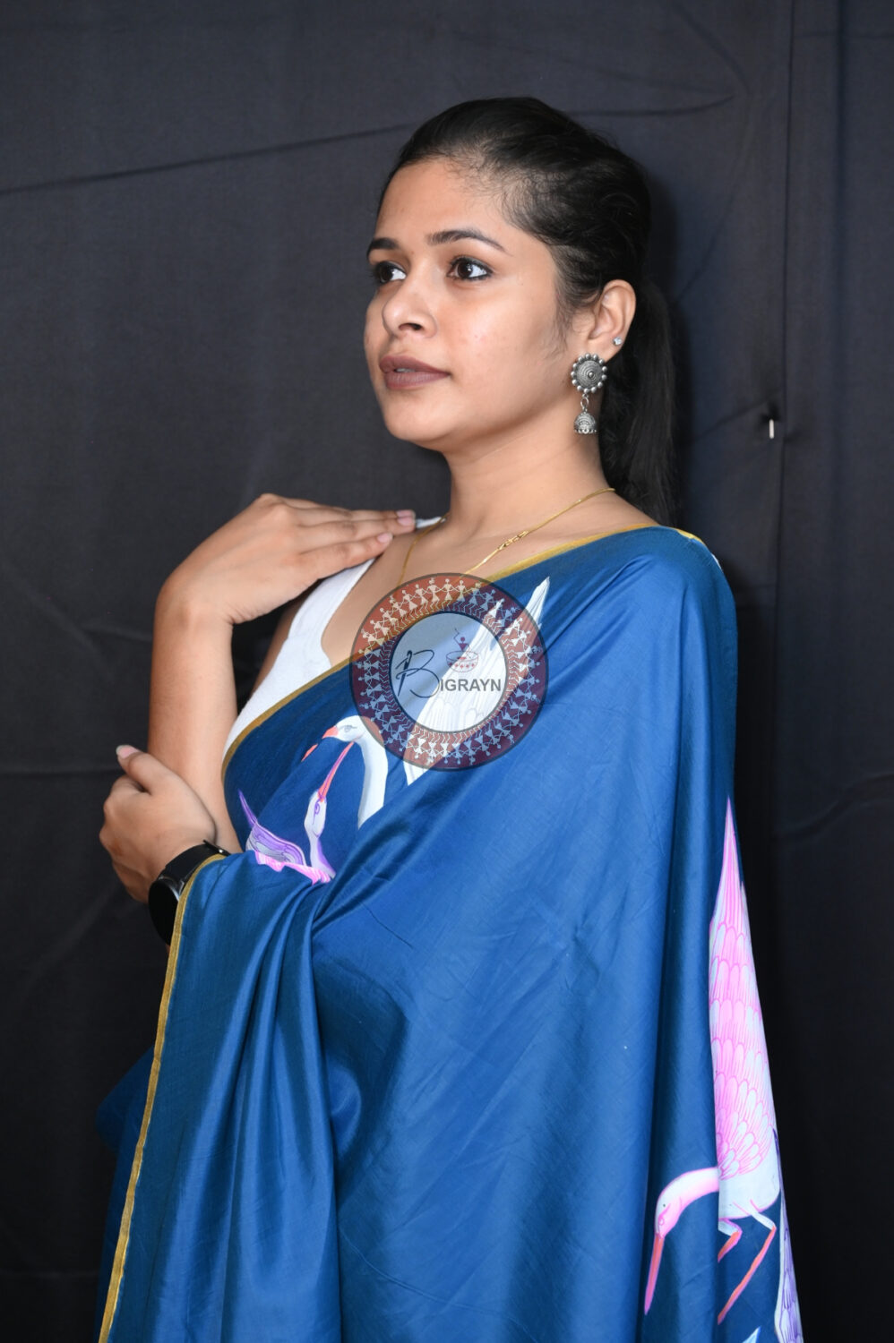 Teal Blue Flamingo Birds Pattachitra Silk Saree