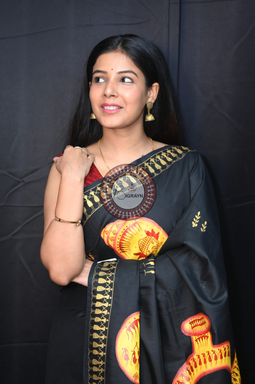Black Musical Instruments Pattachitra Silk Saree