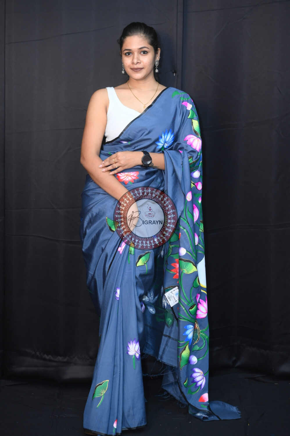 Grey Kamadhenu Pattachitra Silk Saree