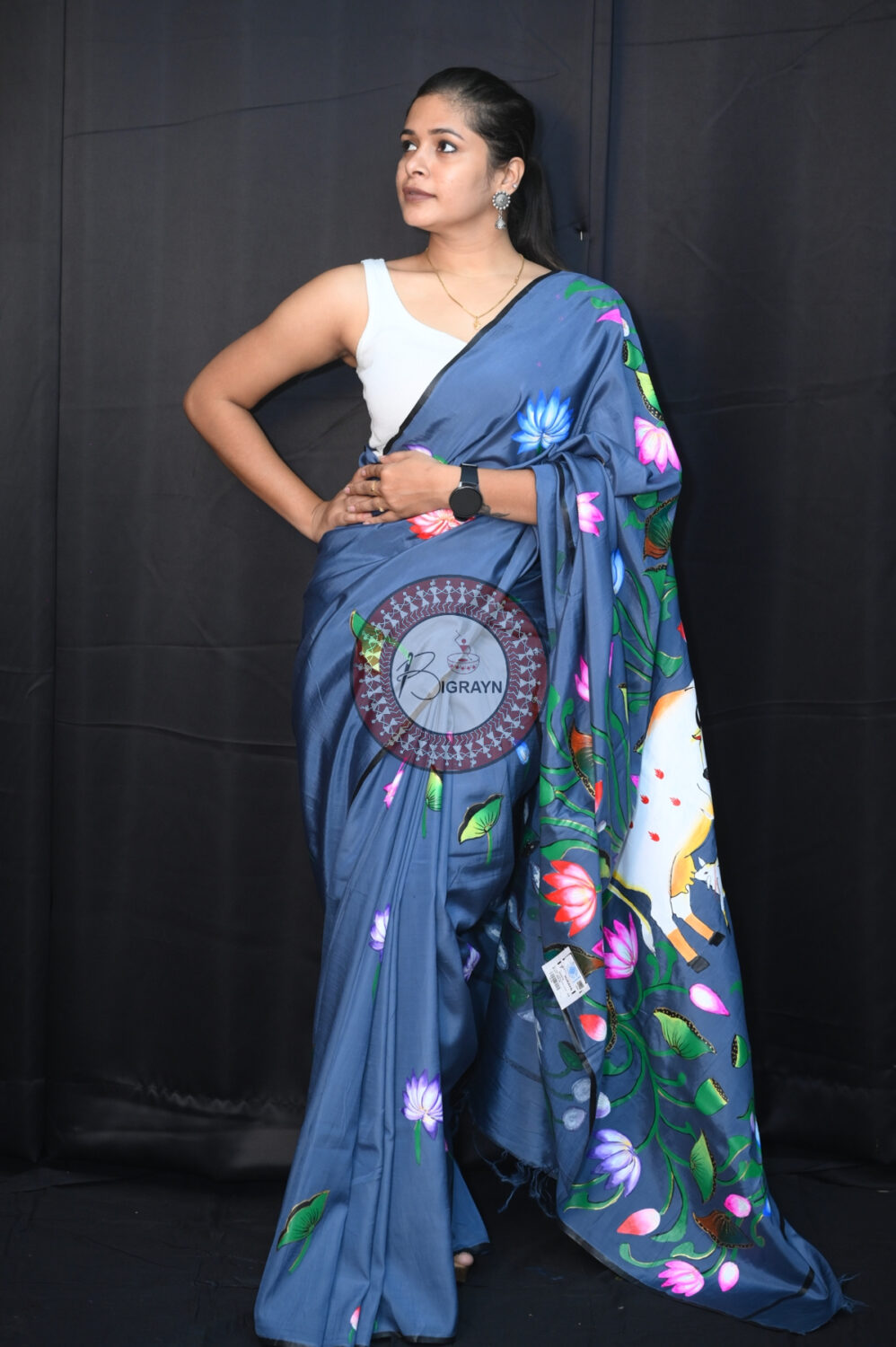 Grey Kamadhenu Pattachitra Silk Saree