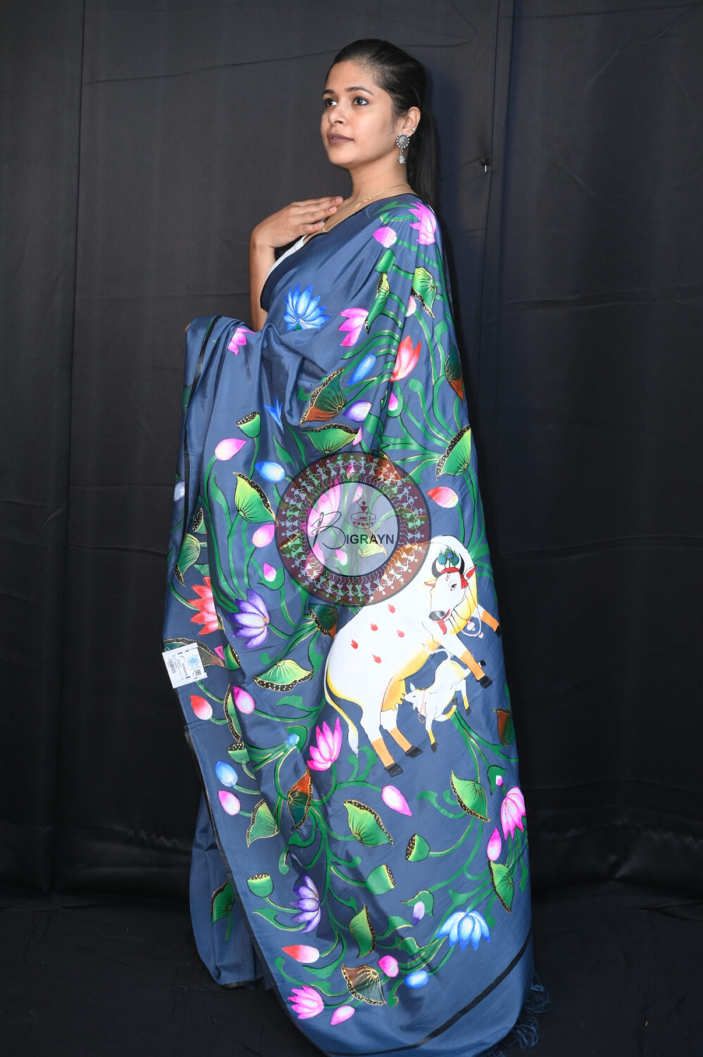 Grey Kamadhenu Pattachitra Silk Saree