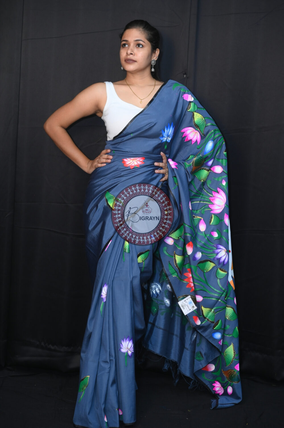 Grey Kamadhenu Pattachitra Silk Saree