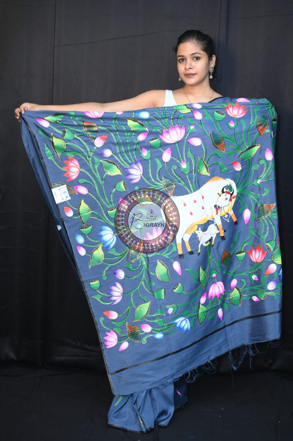 Grey Kamadhenu Pattachitra Silk Saree