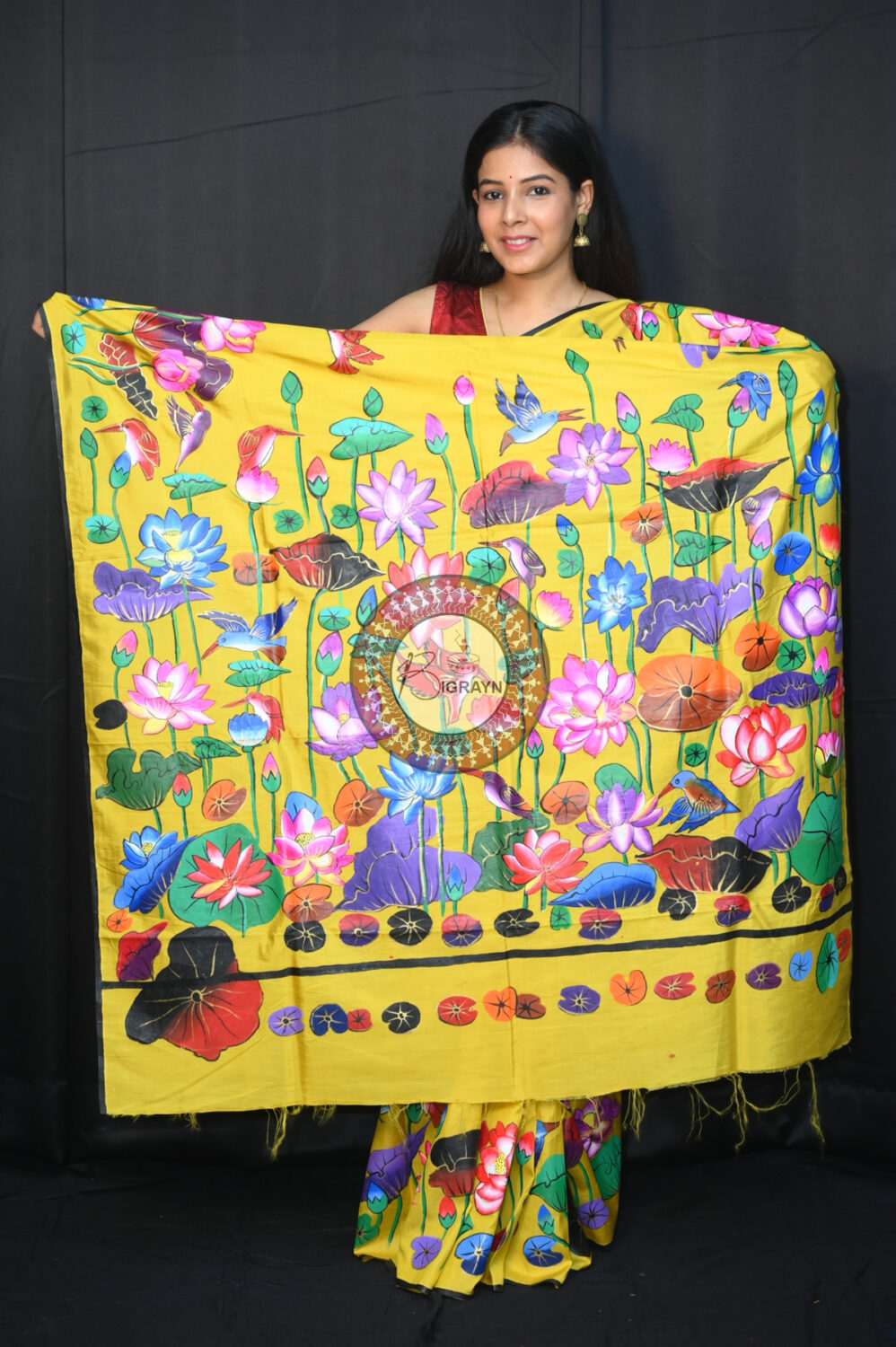 Yellow Water Lily & Birds Pattachitra Silk Saree