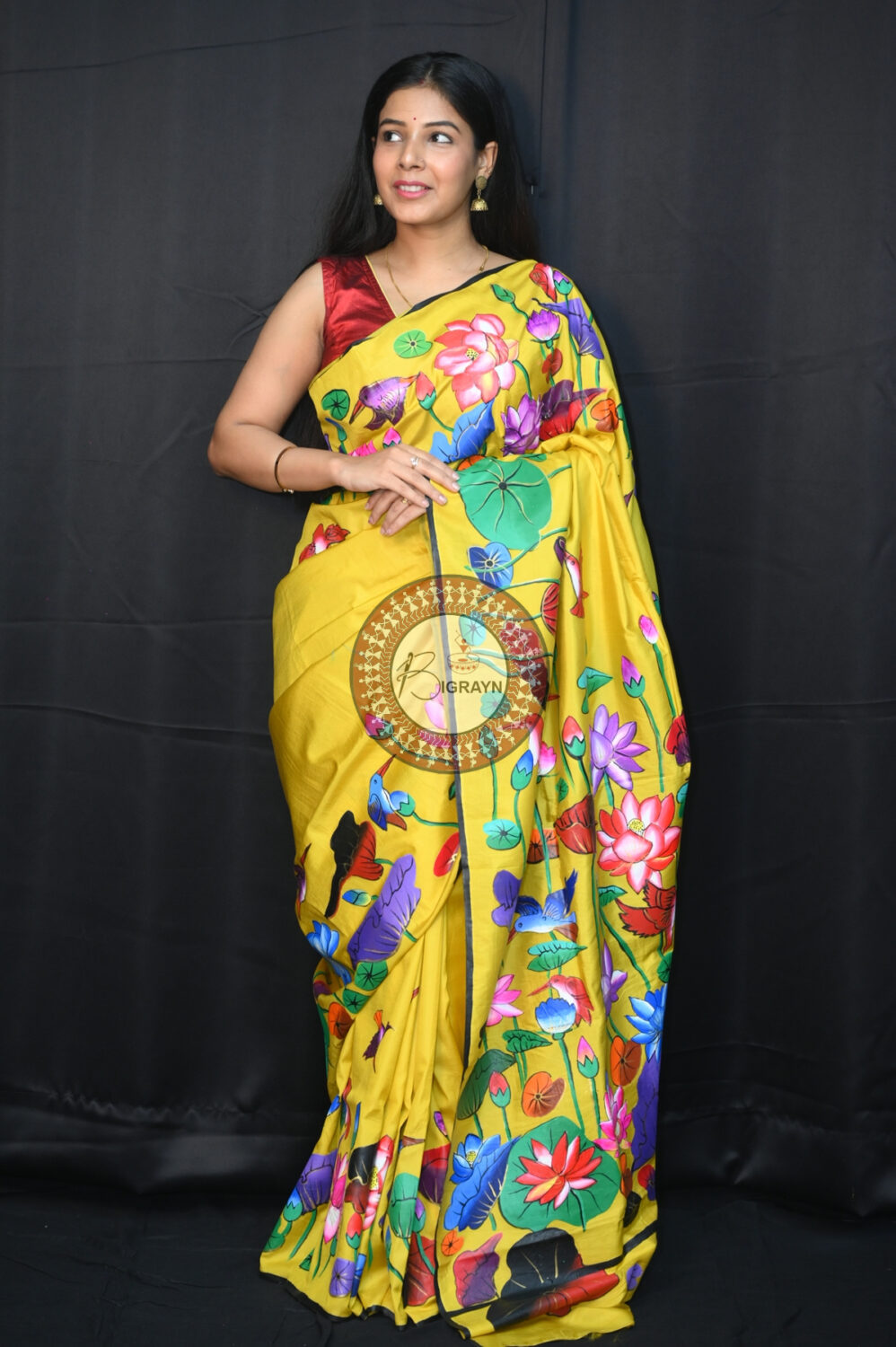 Yellow Water Lily & Birds Pattachitra Silk Saree