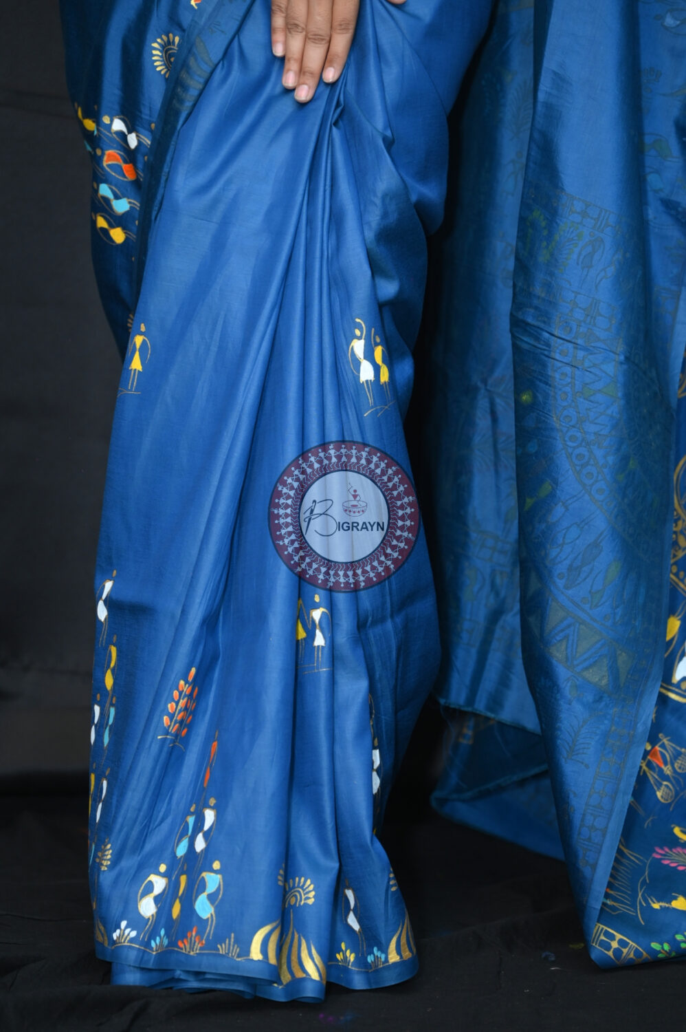 Teal Blue Konark Chakra Tribal Art Pattachitra Silk Saree