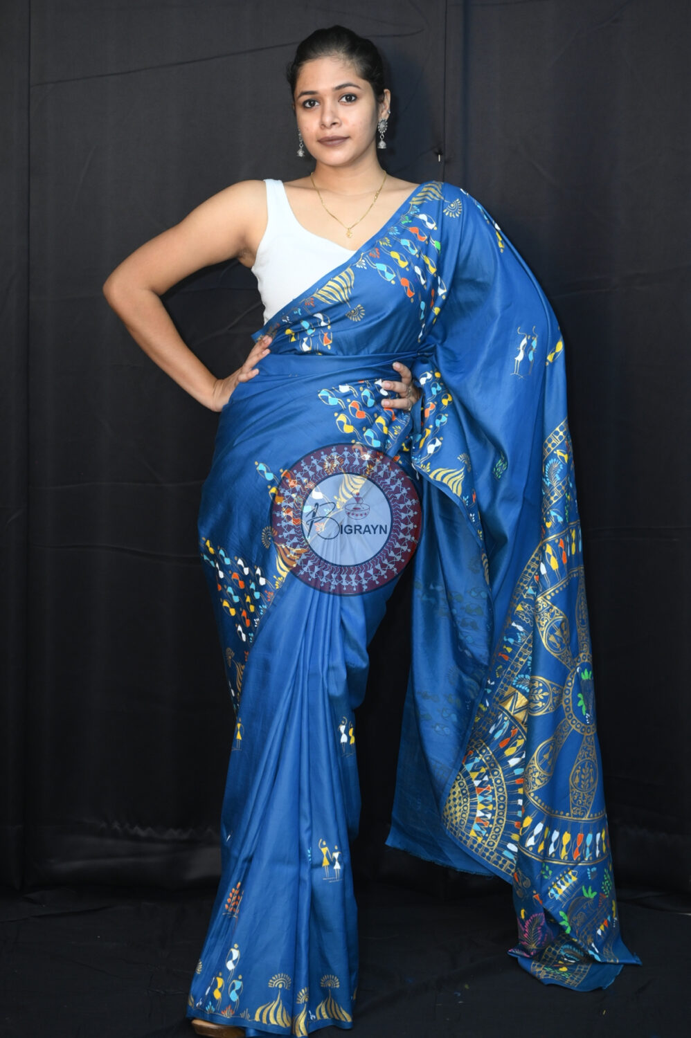 Teal Blue Konark Chakra Tribal Art Pattachitra Silk Saree
