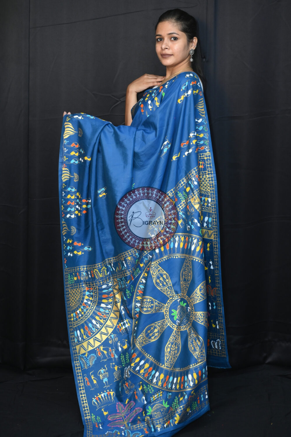 Teal Blue Konark Chakra Tribal Art Pattachitra Silk Saree