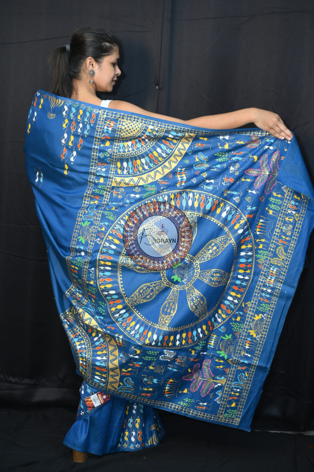 Teal Blue Konark Chakra Tribal Art Pattachitra Silk Saree
