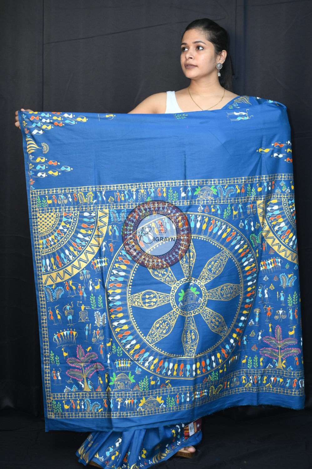 Teal Blue Konark Chakra Tribal Art Pattachitra Silk Saree