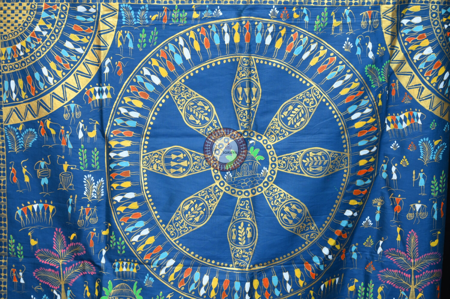 Teal Blue Konark Chakra Tribal Art Pattachitra Silk Saree