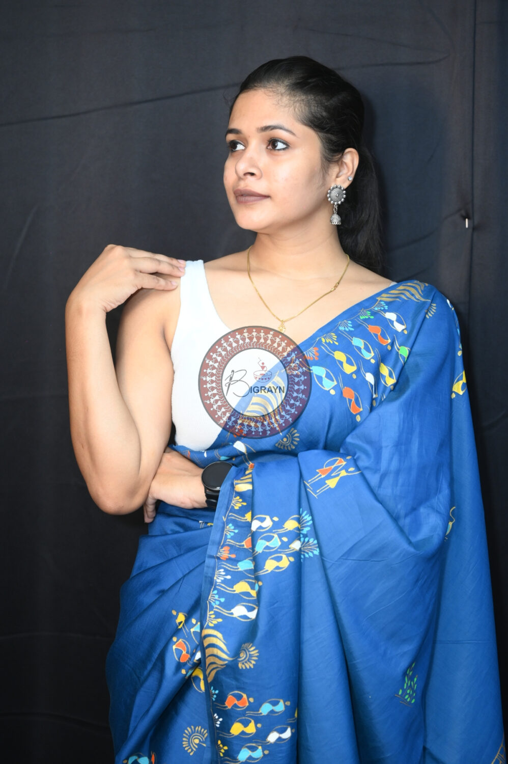 Teal Blue Konark Chakra Tribal Art Pattachitra Silk Saree
