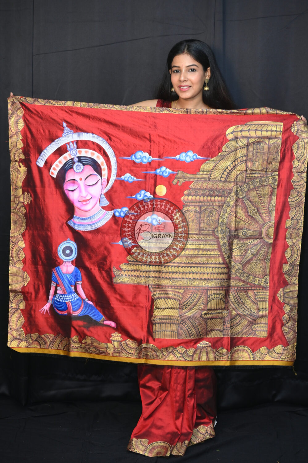 Maroon Konark Temple Odissi Mudra Face Sambalpuri Silk Pattachitra Silk Saree