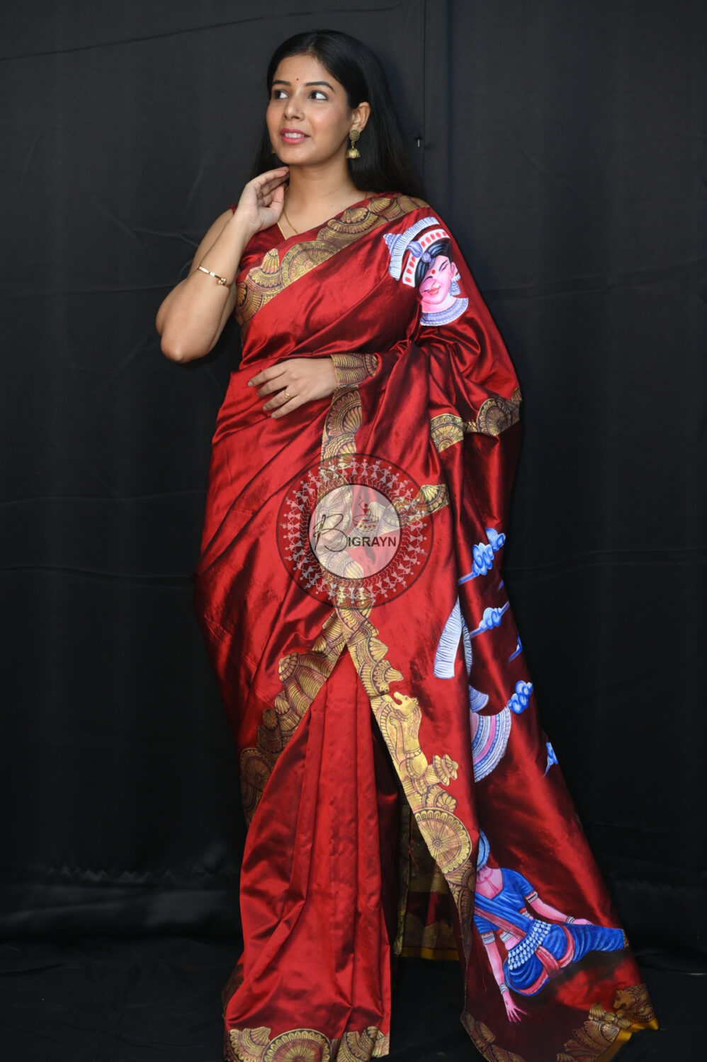 Maroon Konark Temple Odissi Mudra Face Sambalpuri Silk Pattachitra Silk Saree