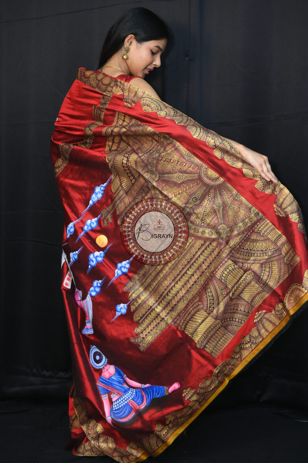 Maroon Konark Temple Odissi Mudra Face Sambalpuri Silk Pattachitra Silk Saree