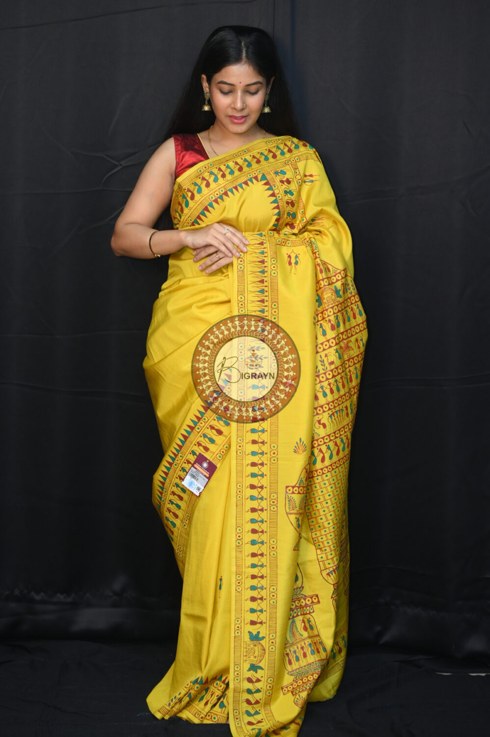 Yellow Konark Temple Tribal Art Pattachitra Silk Saree