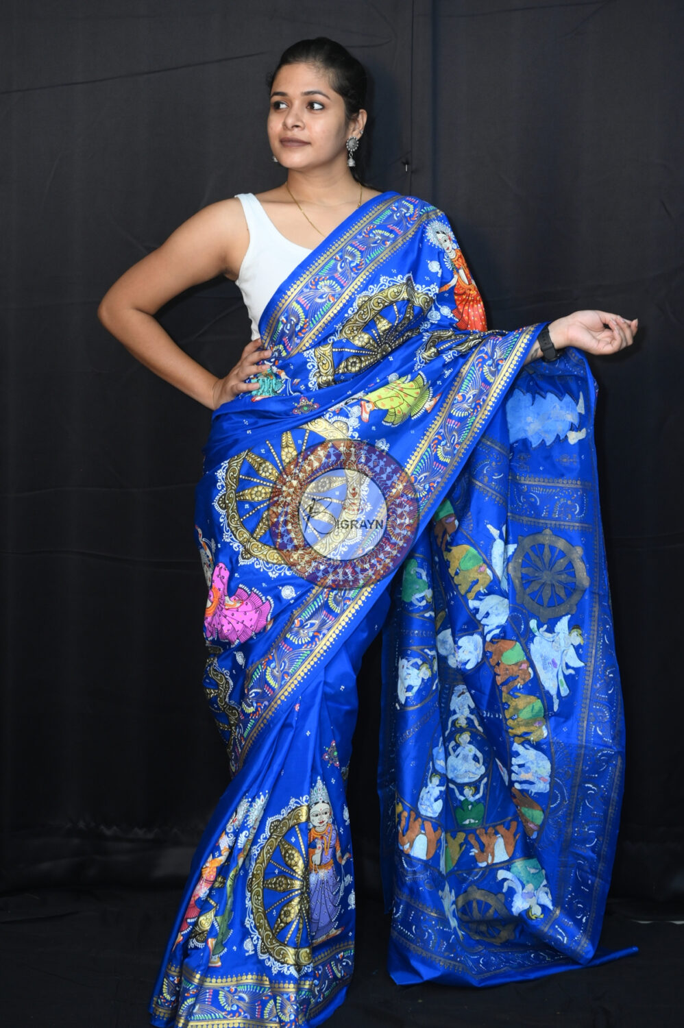 Blue Heavy Work Konark Chakra Pattachitra Silk Saree