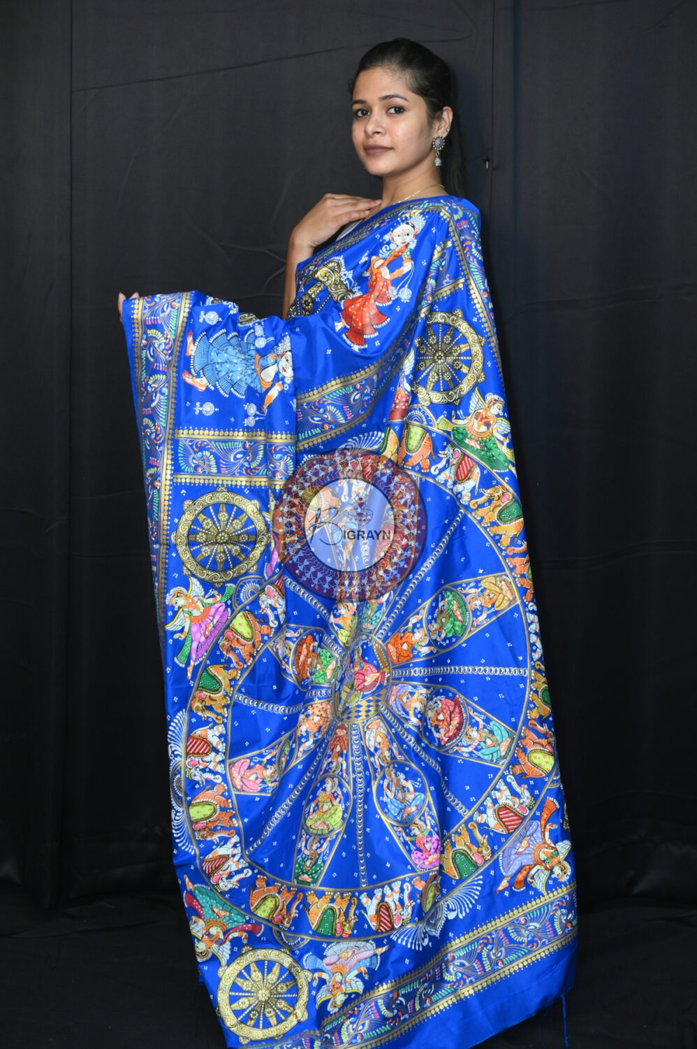Blue Konark Wheel Pattachitra Silk Saree