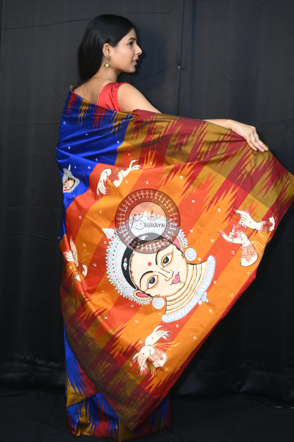 Blue Golden Odissi Mudras Pattachitra Silk Saree