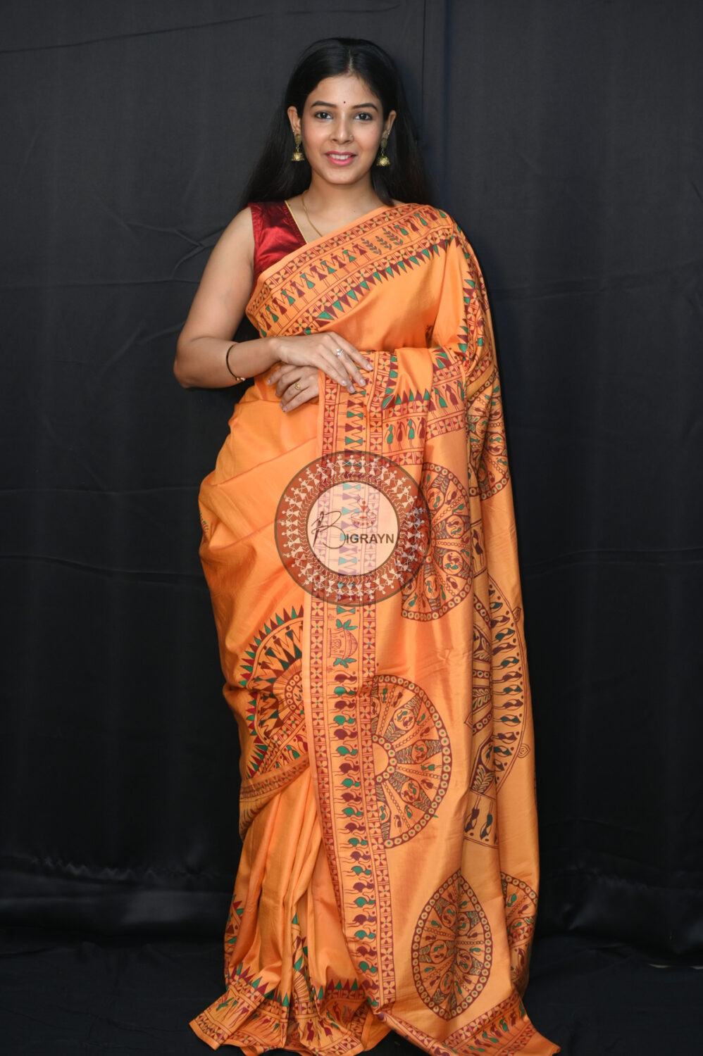 Sandalwood Konark Chakra Tribal Art Pattachitra Silk Saree