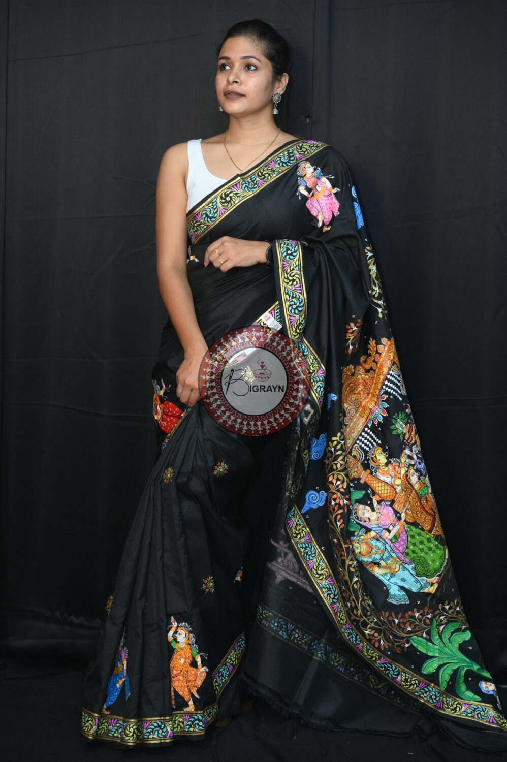 Black Sapta Mangala Karma Exclusive Pattachitra Silk Saree