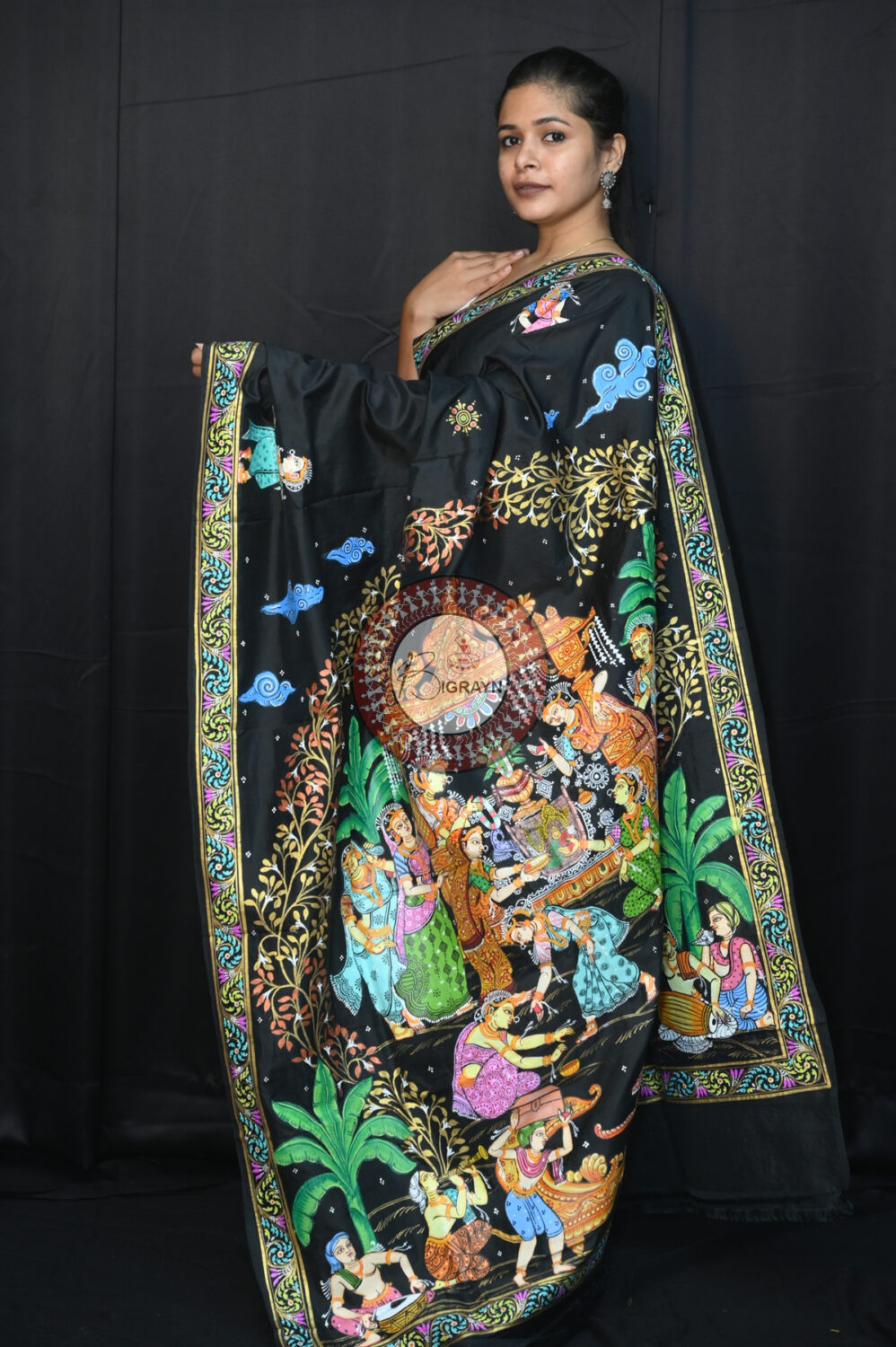 Black Sapta Mangala Karma Exclusive Pattachitra Silk Saree