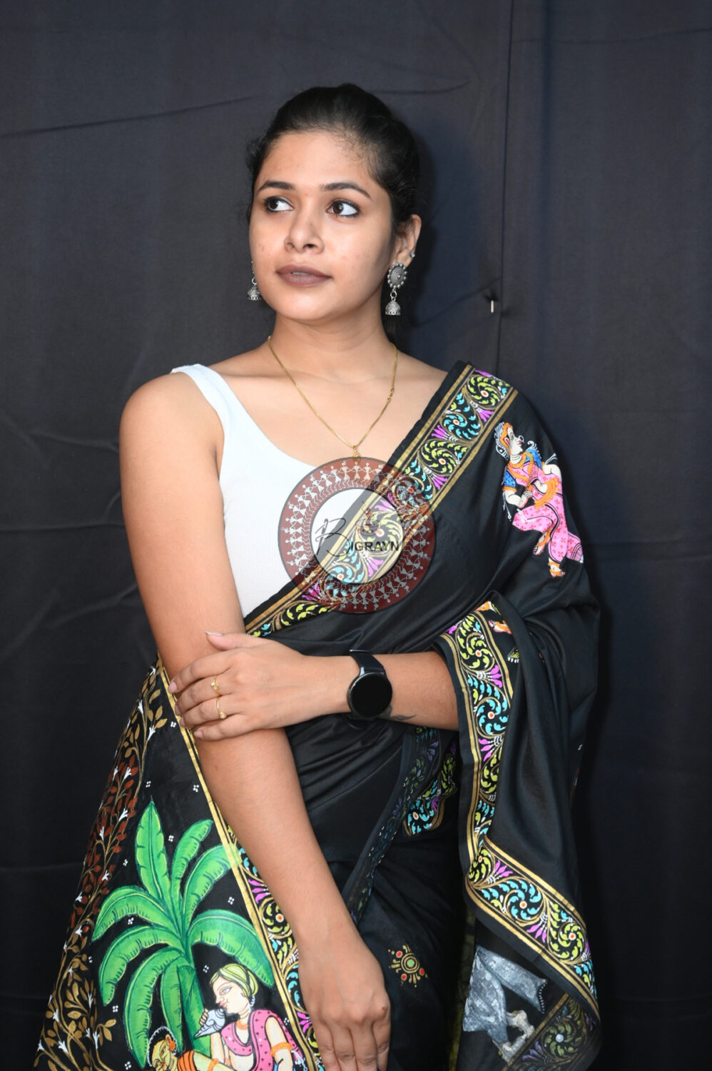 Black Sapta Mangala Karma Exclusive Pattachitra Silk Saree