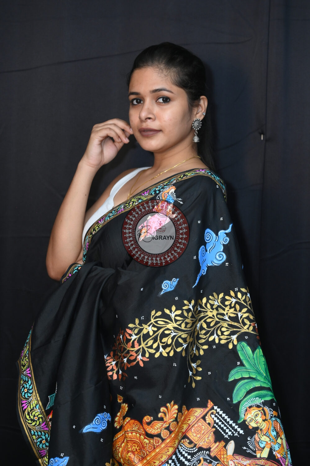 Black Sapta Mangala Karma Exclusive Pattachitra Silk Saree