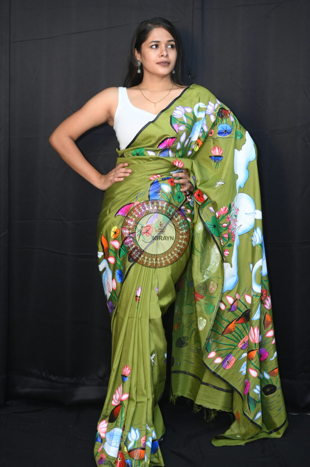 Mehndi Water Lily &amp; Swans Pattachitra Silk Saree