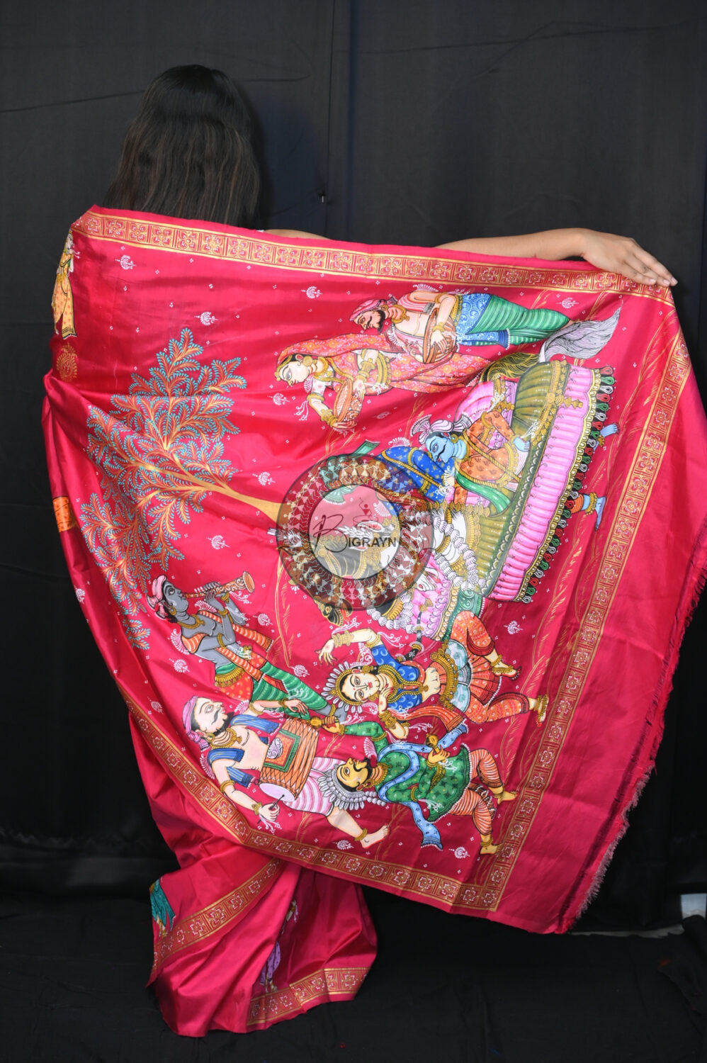 Magenta Chaiti Ghoda Pattachitra Silk Saree