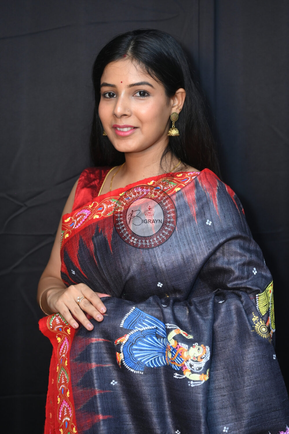 Black Red Bata Sabitri Pattachitra Tussar Silk Saree