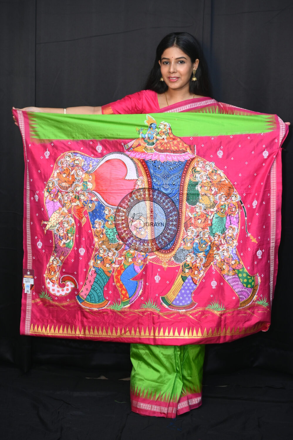 Neon Green Magenta Kandarpa Hasti Pattachitra Silk Saree