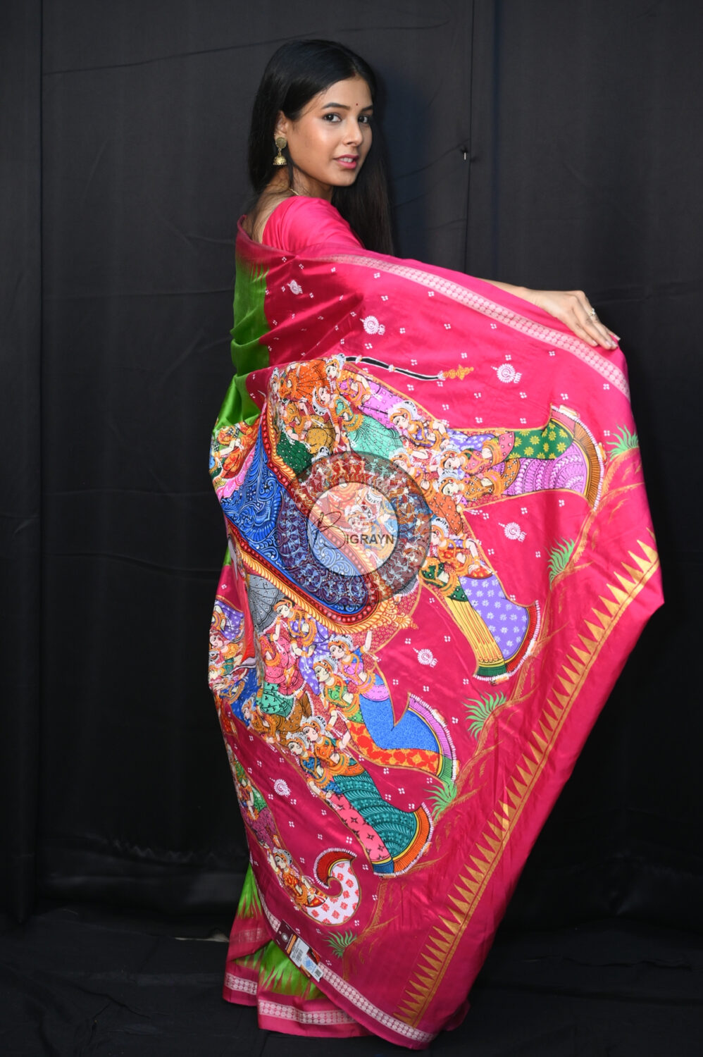 Neon Green Magenta Kandarpa Hasti Pattachitra Silk Saree