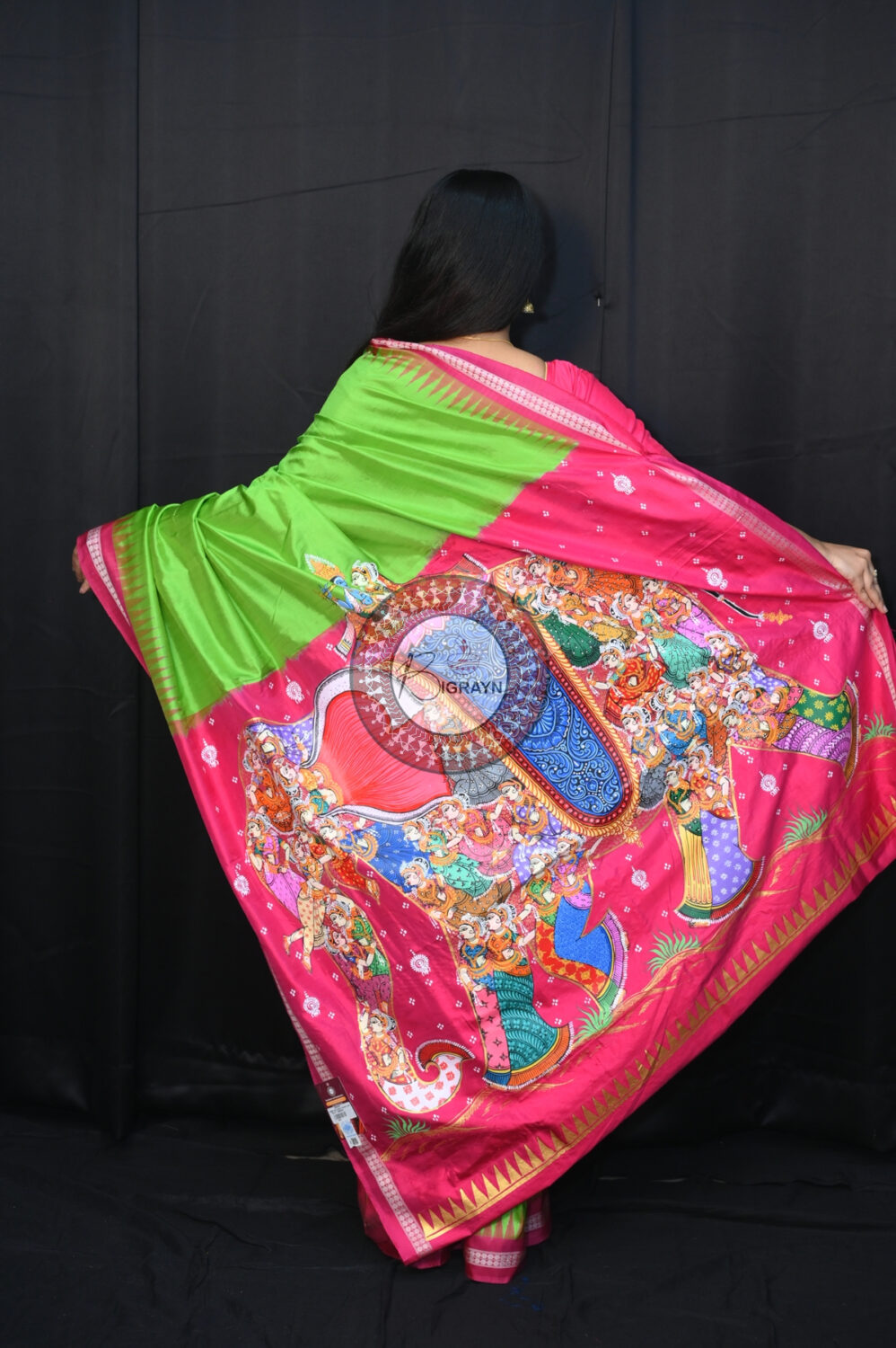 Neon Green Magenta Kandarpa Hasti Pattachitra Silk Saree
