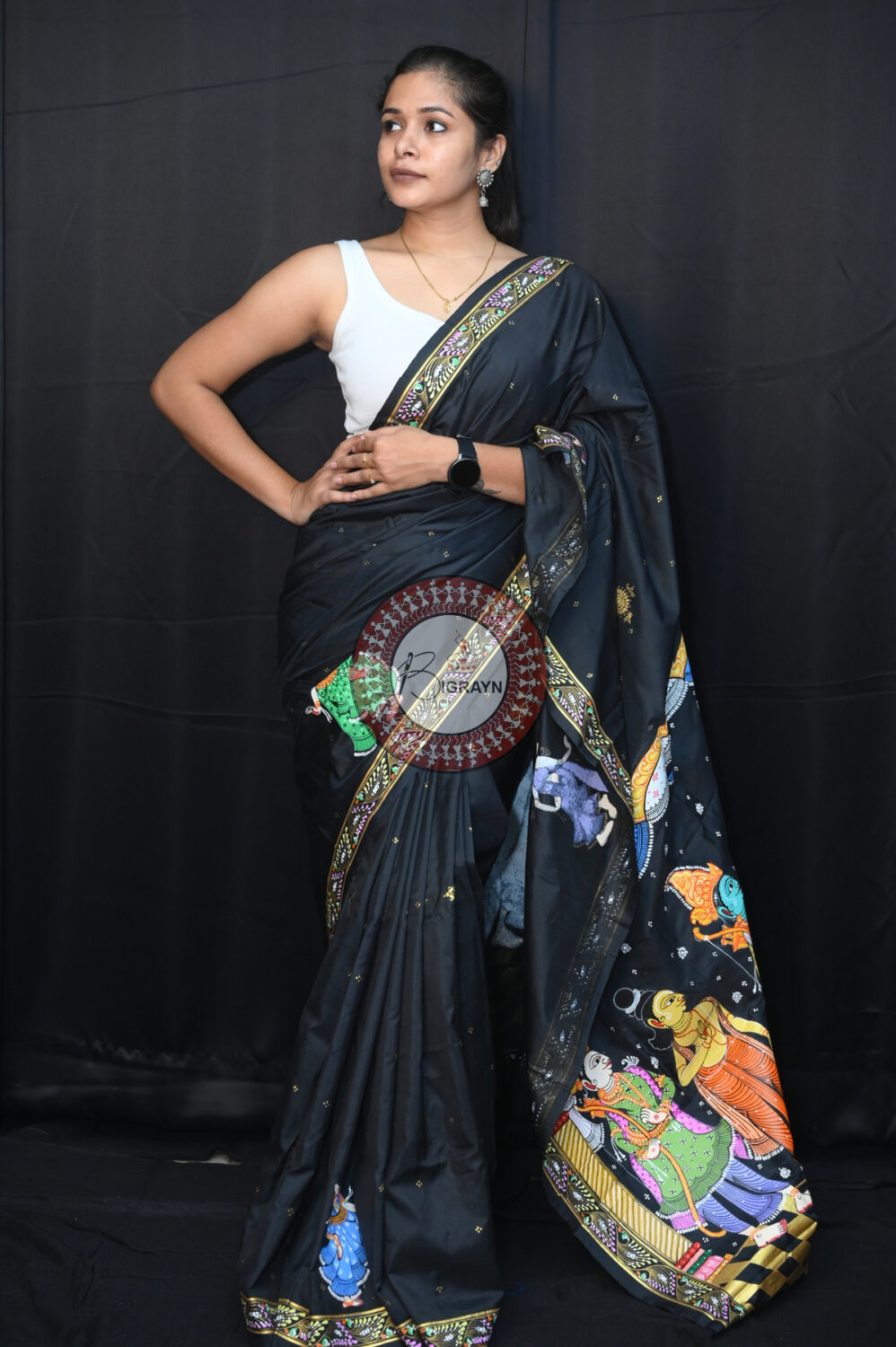 Black Rama Sita Vivah Pattachitra Silk Saree