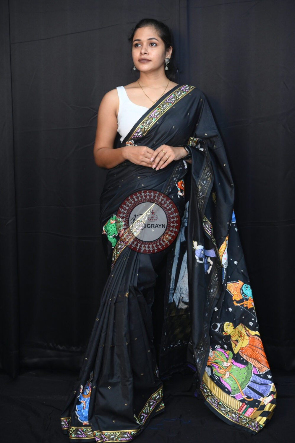 Black Rama Sita Vivah Pattachitra Silk Saree