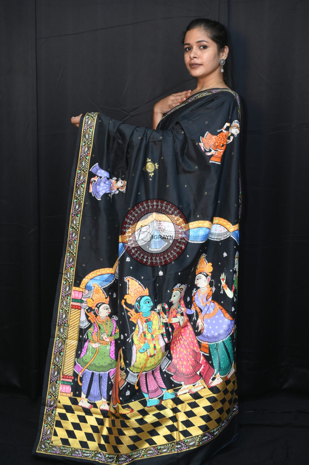 Black Rama Sita Vivah Pattachitra Silk Saree