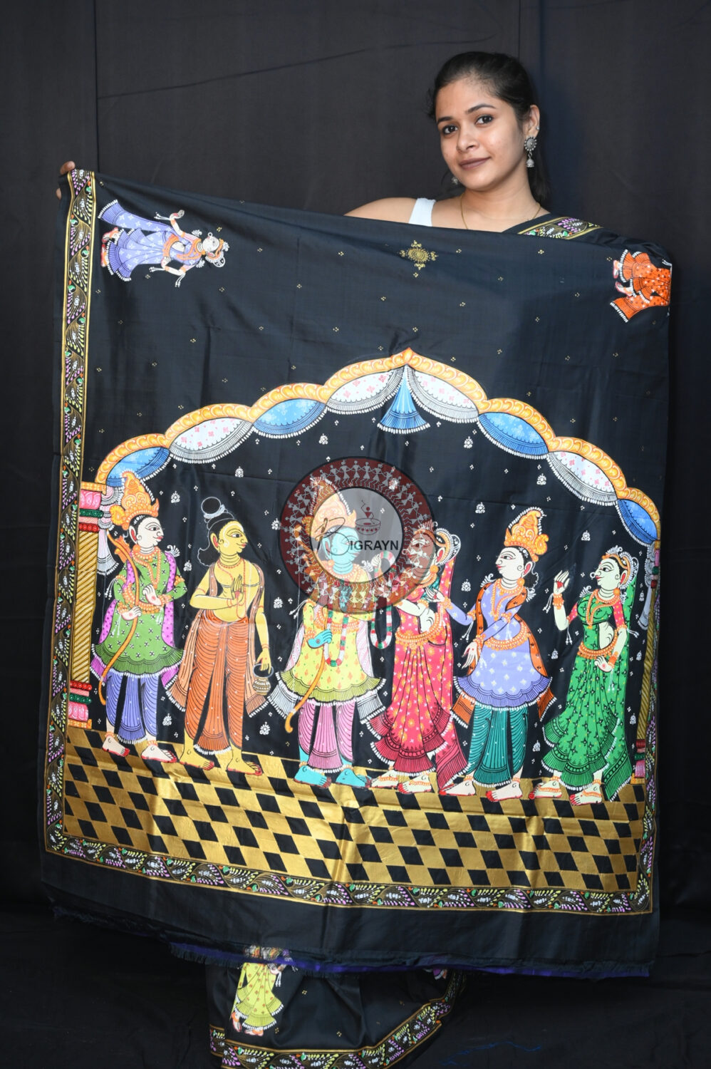 Black Rama Sita Vivah Pattachitra Silk Saree
