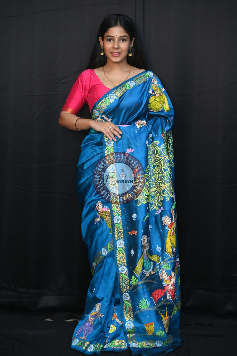 Teal Blue Holi Theme Pattachitra Silk Saree