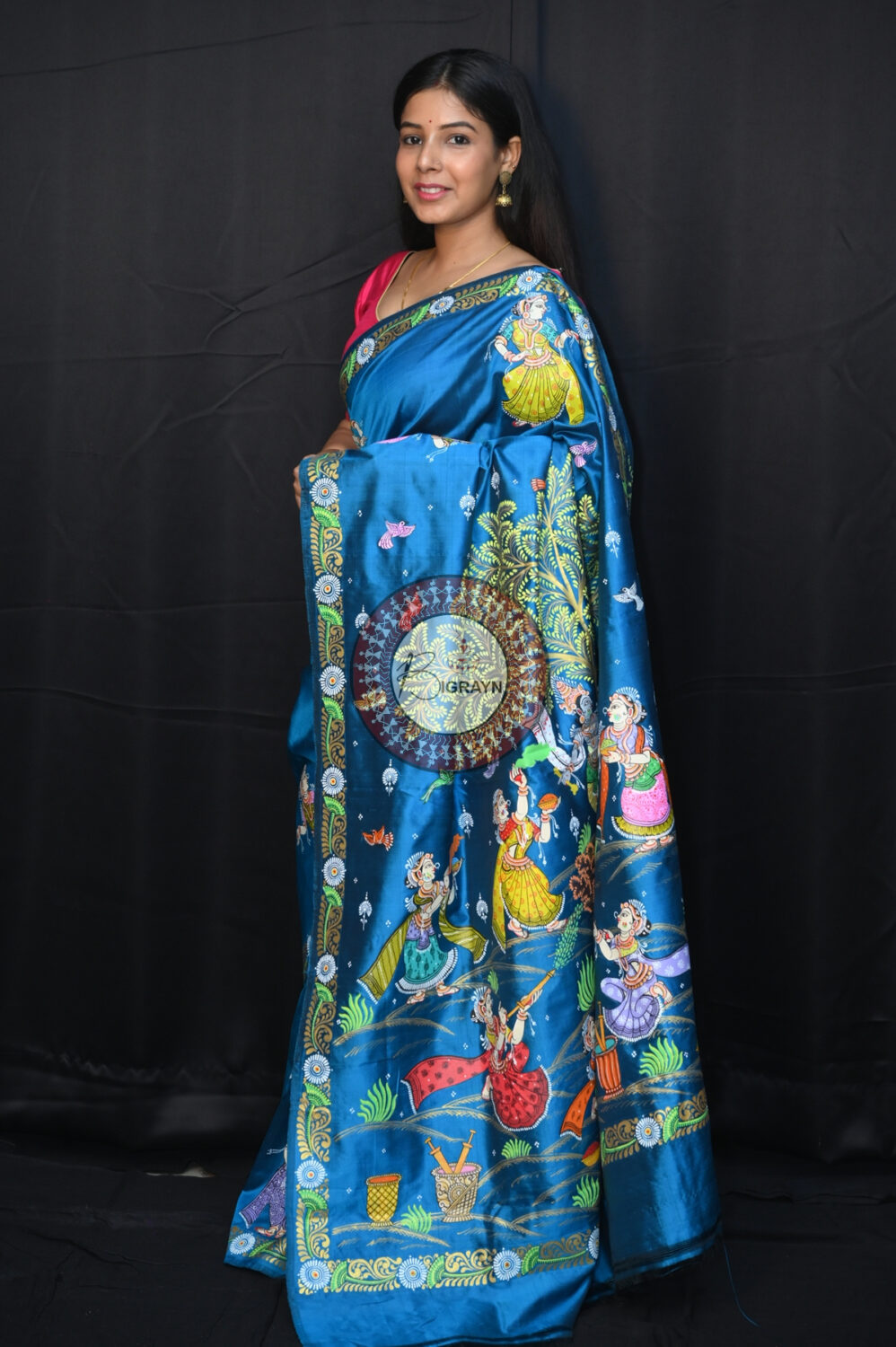 Teal Blue Holi Theme Pattachitra Silk Saree