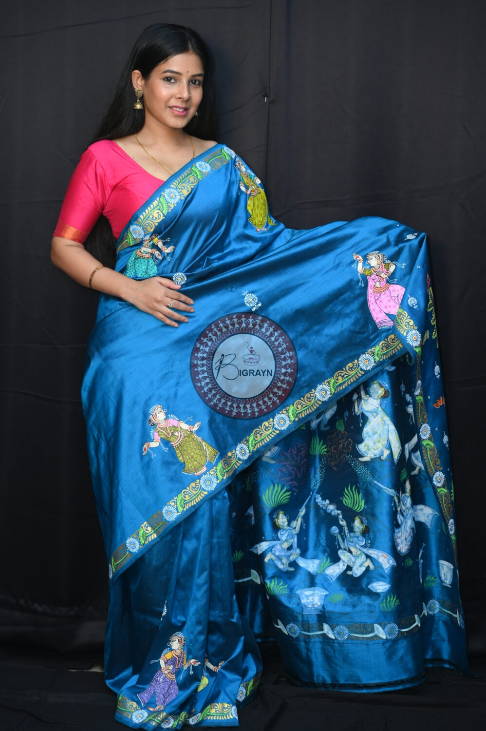 Teal Blue Holi Theme Pattachitra Silk Saree