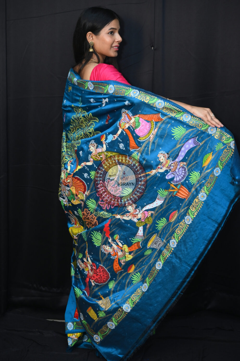 Teal Blue Holi Theme Pattachitra Silk Saree