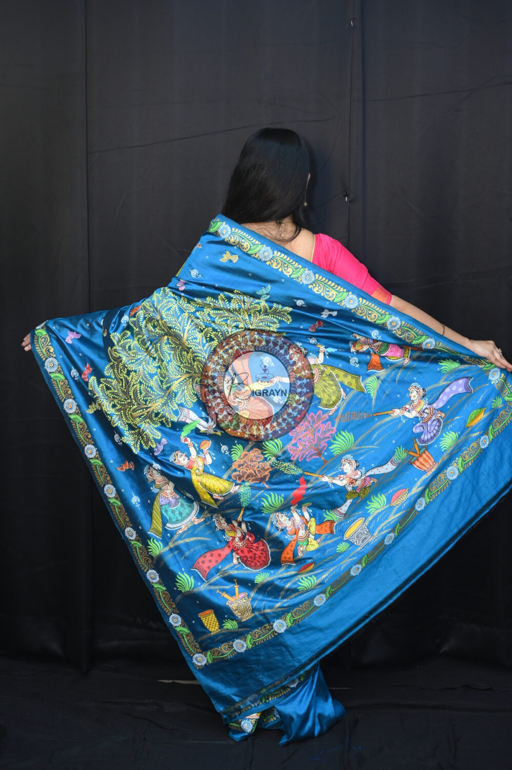 Teal Blue Holi Theme Pattachitra Silk Saree