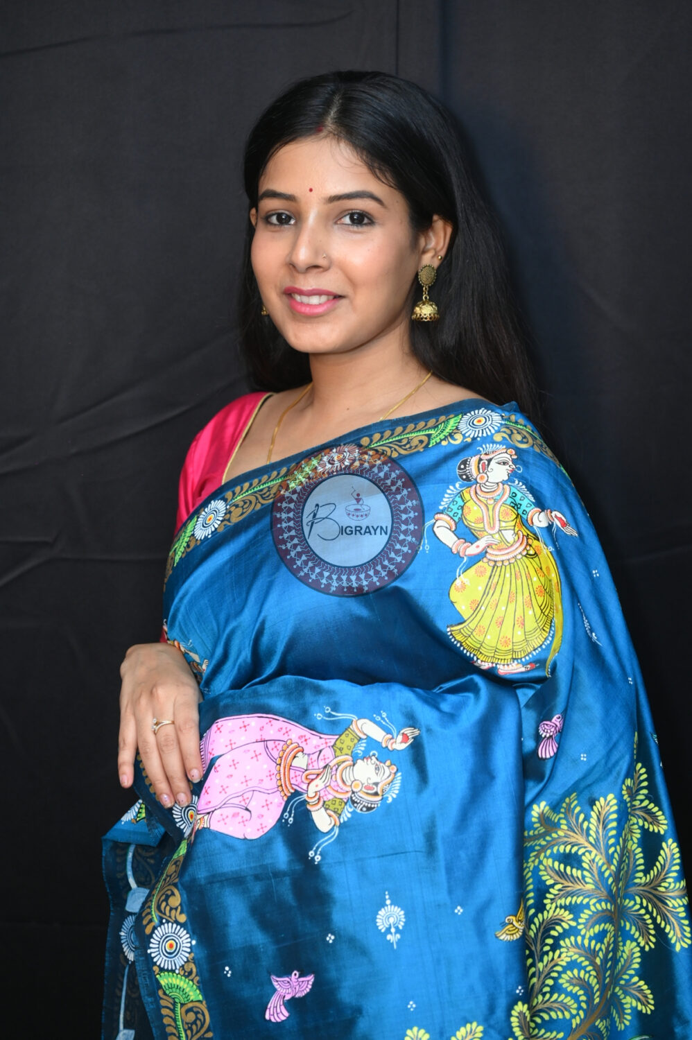 Teal Blue Holi Theme Pattachitra Silk Saree