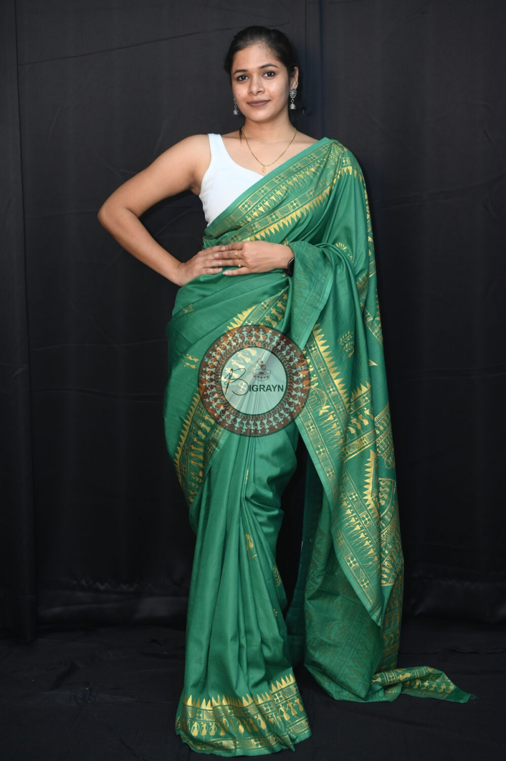 Green Tribal Art Kalash Theme Khadi Silk Pattachitra Saree