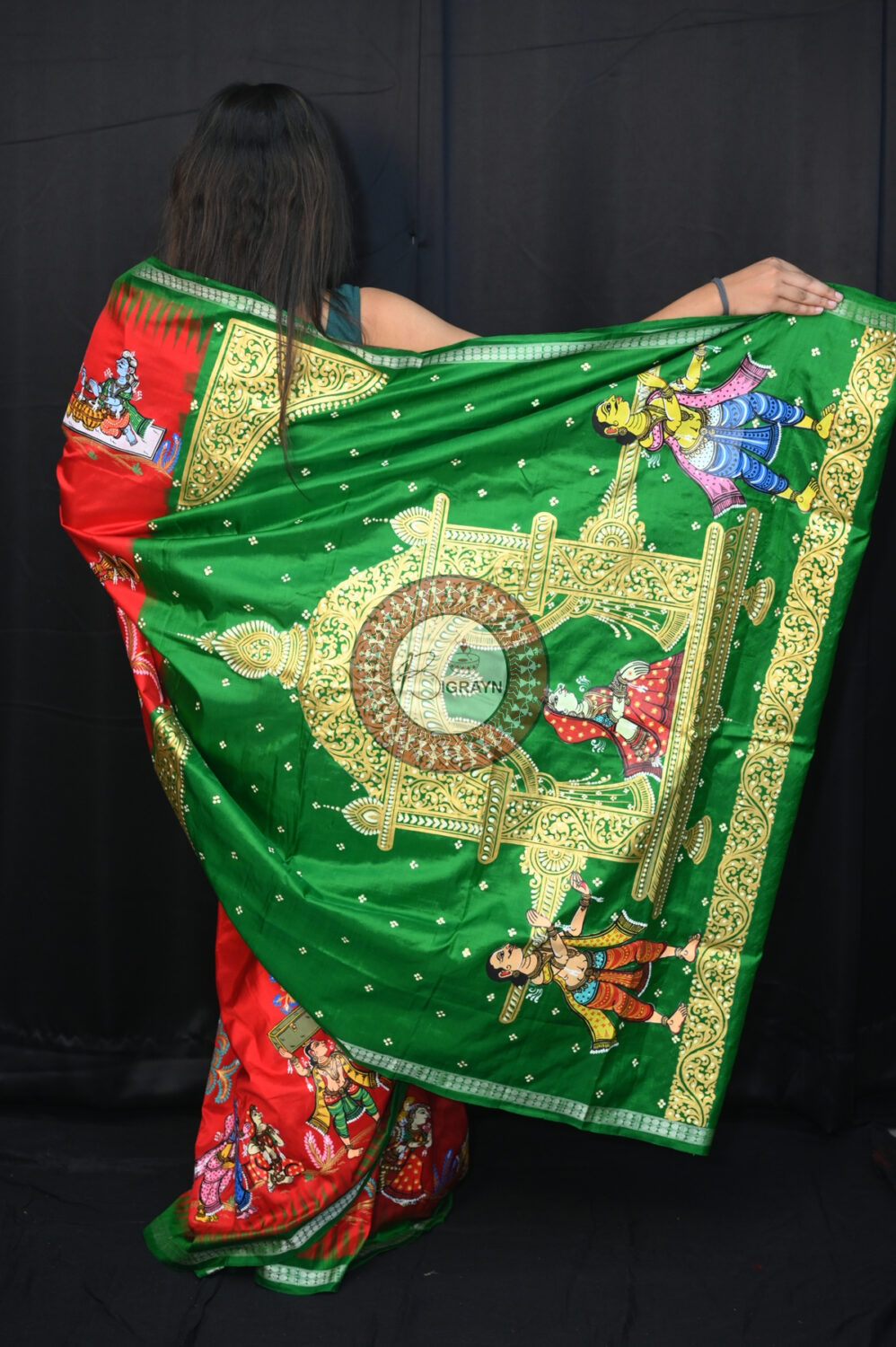 Red Green Marriage Theme Siba Parvati Vivah Pattachitra Sambalpuri Silk Saree